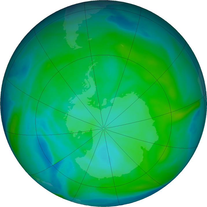 Antarctic ozone map for 15 January 2018